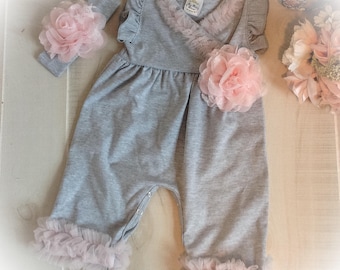 Newborn Girl Take Home Outfit, Gray and Pink Newborn Ruffle Romper, Baby Girl Outfit