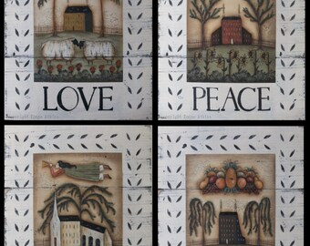 Love, Peace, Praise, and Thanks Art Prints. New England Style Primitive Folk Art by Donna Atkins. Sheep, Angel, Saltbox, Church.