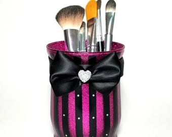 Pink glitter makeup holder cup. Striped. Black Bow. Brush. Vanity desk room decor. Victoria Secret inspired rhinestones
