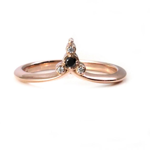 Tiny Diamond Cluster Ring - 14k Rose Gold Stacking Minimalist Wedding Band with Black and White Diamonds