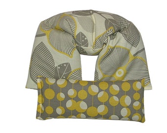Therapeutic Neck & Shoulder Wrap Eye Pillow Gift Set Your CHOICE of SCENTS Heating Pad Yoga 100% Flax Seed (Optic Blossom) Grey, Yellow Spa