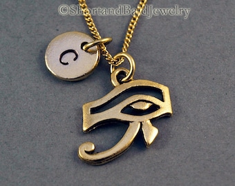 Eye of Ra Necklace, Eye of Re, Eye of Horus, antique gold, initial necklace, initial hand stamped, personalized, monogram