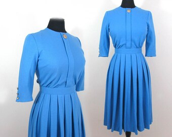 R&K blue wool blend dress - 1950s-60s - lined bodice, soft pleats - S-M