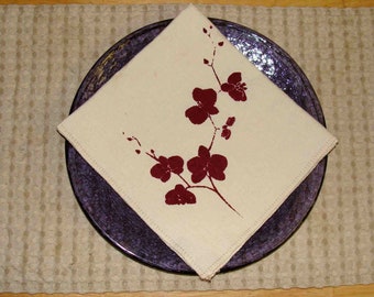 Organic and Reusable Cloth Napkins - Organic Cotton and Hemp napkins with Orchid print - Set of two 16 x 16 eco friendly Napkins