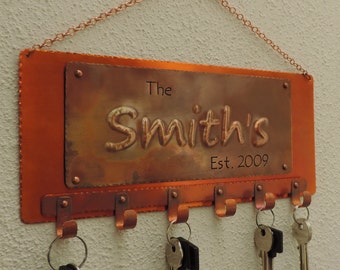 7th anniversary gift, Copper key holder, Family Name, Copper sign, last name sign, copper keyholder, Made to order