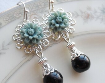 75% Off Price Sale, Teal Blue, Mum Flower, Silver Filigree, Glass Black Bead