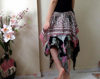 Woodland Fairy tattered skirt, Upcycled recycled clothing, Bohemian festival clothing, Layered ragged boho gypsy skirt