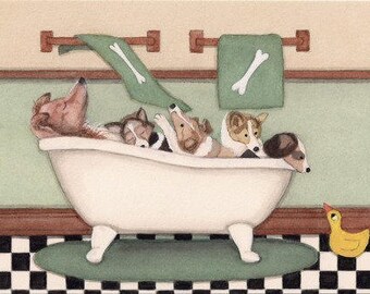 Rough collies fill tub at bath time / Lynch signed folk art print