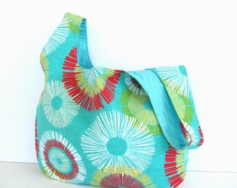 Large Knitting Project Bag, Modern Japanese Knot Bag, Knitting Bag, Handbag- Spokes Design on Aqua