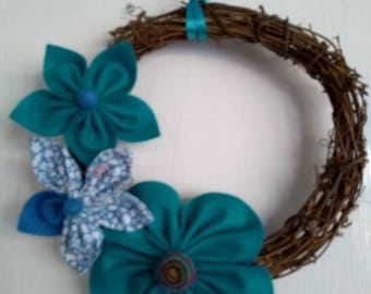 Rattan garland/wreath with handsewn felt & fabric flowers