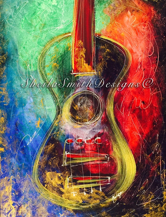 Awesome abstract acrylic guitar painted on canvas and ready