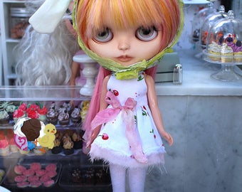 Sleeveless Cherries Mismatched Tattered Dress and Bunny Ears Hat for Blythe 12"