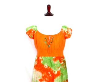 Vintage Tie Dye Maxi Dress 90's Orange Green Tie Dye Sundress Colorful Boho Dress Sheer Hippie Dress Tie Dyed Embroidered Dress