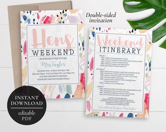 Printable Hens Weekend Invitation | Editable PDF | Bachelorette Weekend | Hens Party | Weekend Itinerary Invitation | Pink | Colours
