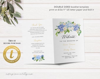 Printable Bi-fold US Letter Wedding Program Booklet Template, All Editable Blue and Cream Floral Wedding Ceremony, DIY Edit at Templett #107