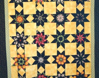 Throw Quilt/Bed Quilt/Black/Yellow/Star Quilt/Handmade/Kaleidoscope/Stack and Whack/ready to ship/Floral and Fruit/hanging quilt/Womens gift