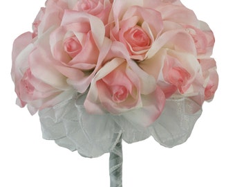 Pink Silk Rose Hand Tie (24 Roses) - Silk Bridal Wedding Bouquet