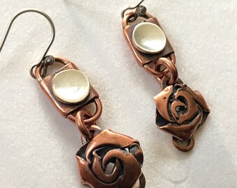Roses of mixed metal sterling silver and copper metalsmith artisan jewelry unique and original