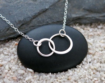 Two Circles Necklace, Two Small Sterling Silver Circle Links, Simple Jewelry