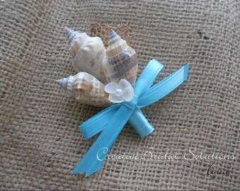 Aqua Seashell Groom Groomsmen Wedding Boutonniere, Button Hole