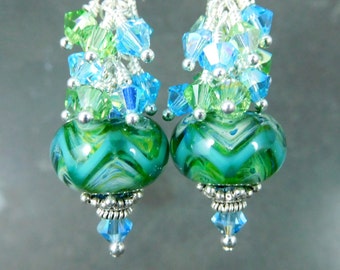 Green & Blue Chevron Stripe Glass Crystal Dangle Earrings, Boho Earrings, Boro Lampwork Earrings, Sterling Silver Earrings Sparkling Jewelry
