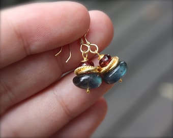 Labradorite Earrings - small labradorite earrings - delicate garnet earrings - minimalist earrings - neutral earrings - every day earring