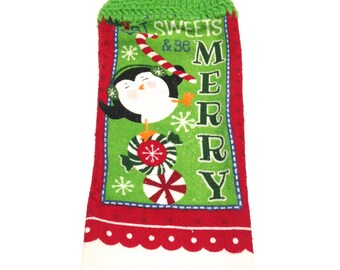 Eat Sweets & Be Merry Penguin Christmas Hand Towel With Spring Green Crocheted Top
