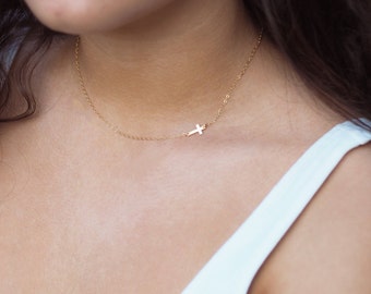 Tiny Gold Cross Necklace, Sideways Cross Necklace, Off Side Cross Necklace