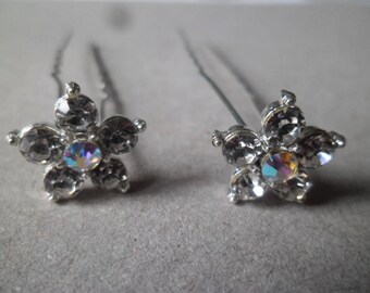 x 2 white/AB rhinestone Silver Flower Bobby pins 6,9 x 1.5 cm