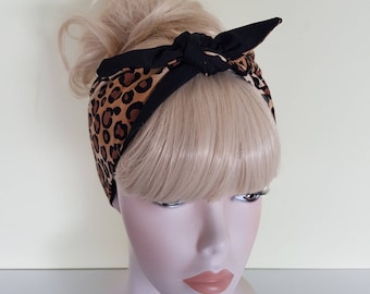 leopard 50s style blk bandana, rockabilly pin up psychobilly tattoo hairband headband