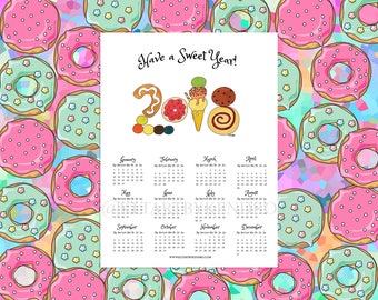 Have A Sweet Year! 2018 Sweet Treats Theme 12 Month Poster Calendar / Kawaii Calendar / Wall Calendar / 2018 Planner Calendar
