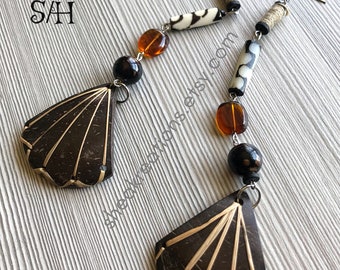 Coconut Shell Earrings, Beaded Shoulder Sweeper Jewelry, Long Statement Earrings
