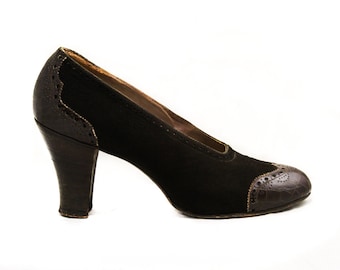 Size 6.5 Brown 1940s Shoes - Terrific 30s 40s Suede & Leather Spectator Pumps - Faux Alligator Shoe - Stacked Wood Heel - 6 1/2 - 50269