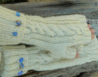 Hand knitted Women's cable fingerless gloves made from 100% wool