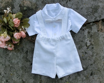 Boy baptism outfit. Baby christening outfit.Toddler boy baptism. Baby suspender shorts. Baby boy wedding outfit. Baby boy linen shorts set.