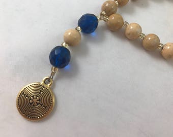 Light Brown Riverstone and Dark Aqua Fire-Polished Glass Chaplet with Labyrinth Charm