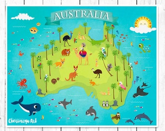 map of australia childrens world map australia animal map kids maps kids wall maps baby gift