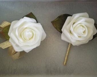 Ivory rose and gold prom corsage set, gold prom corsage, ivory corsage and boutonniere, gold prom, ivory prom, ivory and gold prom set