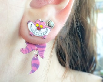 Alice In Wonderland inspired Cheshire Cat Dangle Fake Gauge Earrings