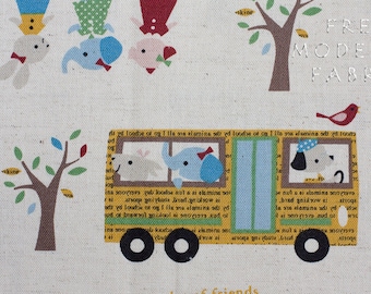 Fat Quarter of Trefle School Bus, Kokka Fabrics, Japanese Import, Cotton and Linen Blend Fabric