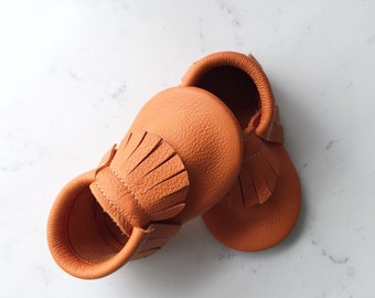 Pumpkin Orange Leather Baby Moccasins