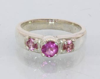 Rubellite Pink Tourmaline Handmade 925 Silver Three Stone Ladies Ring size 6