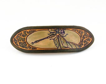 Hand painted leather barrette, dragonfly with French clip