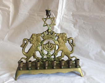 Antique Brass Menorah ~ Star of David Lions