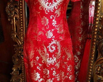 Vintage Red and Gold Bingxener Asian Tunic Dress Cheongsam