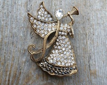 Monet Rhinestone Trumpeting Angel Brooch