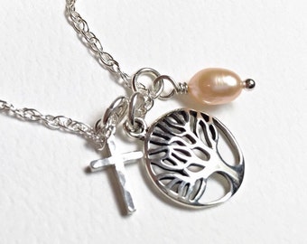 Tree Of Life Cross Necklace, Sterling Tree Necklace, Family Necklace, Dainty Sterling Tree