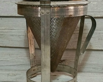 Vintage Aluminum Food Sieve, Fruit Press With Wooden Pestle, Cone Shaped Colander, Farmhouse Decor