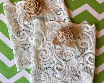 Ivory Lace Boot Cuffs with Burlap Rose