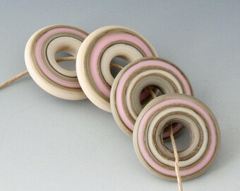 Southwest Disk Pairs- (4) Handmade Lampwork Beads - Pink, Cream - Etched, Matte